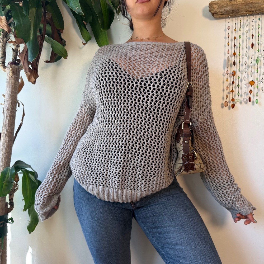Taupe Grey Open Knit Crochet Sweater Indie Sleaze Grunge Boho Pullover y2k XL